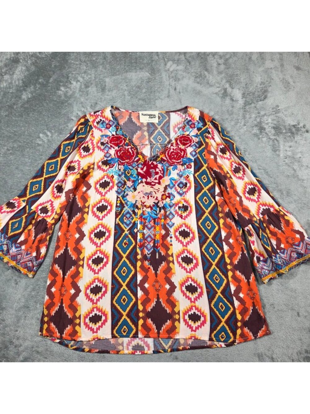 Savanna Jane Top Large Embroidered Geometric Aztec Tribal Southwestern Blouse